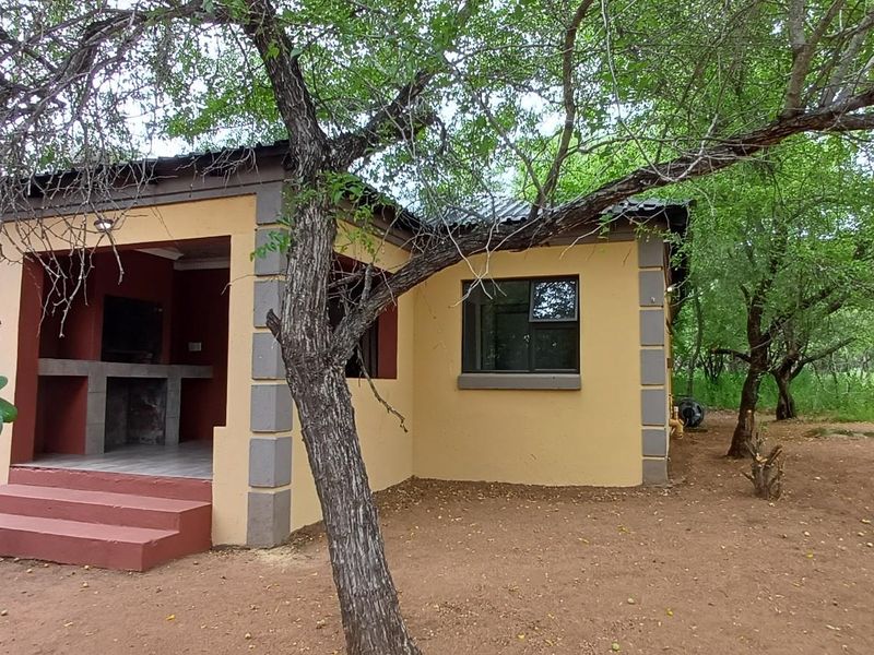 A detached outdoor structure featuring a covered patio with a built-in braai area, set within a natural, tree-filled garden environment.