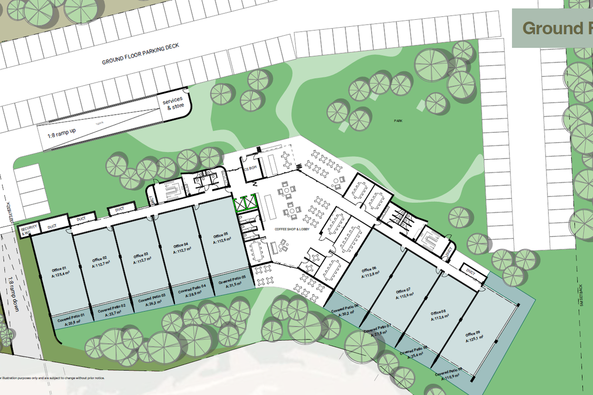 A detailed ground floor architectural plan for a commercial property, showcasing office spaces, a coffee shop, lobby, and parking deck layout.
