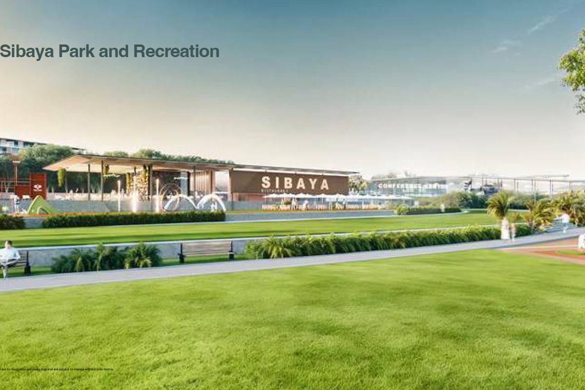 Architectural rendering of the Sibaya Park and Recreation area, featuring landscaped lawns, outdoor seating, and modern commercial building structures.
