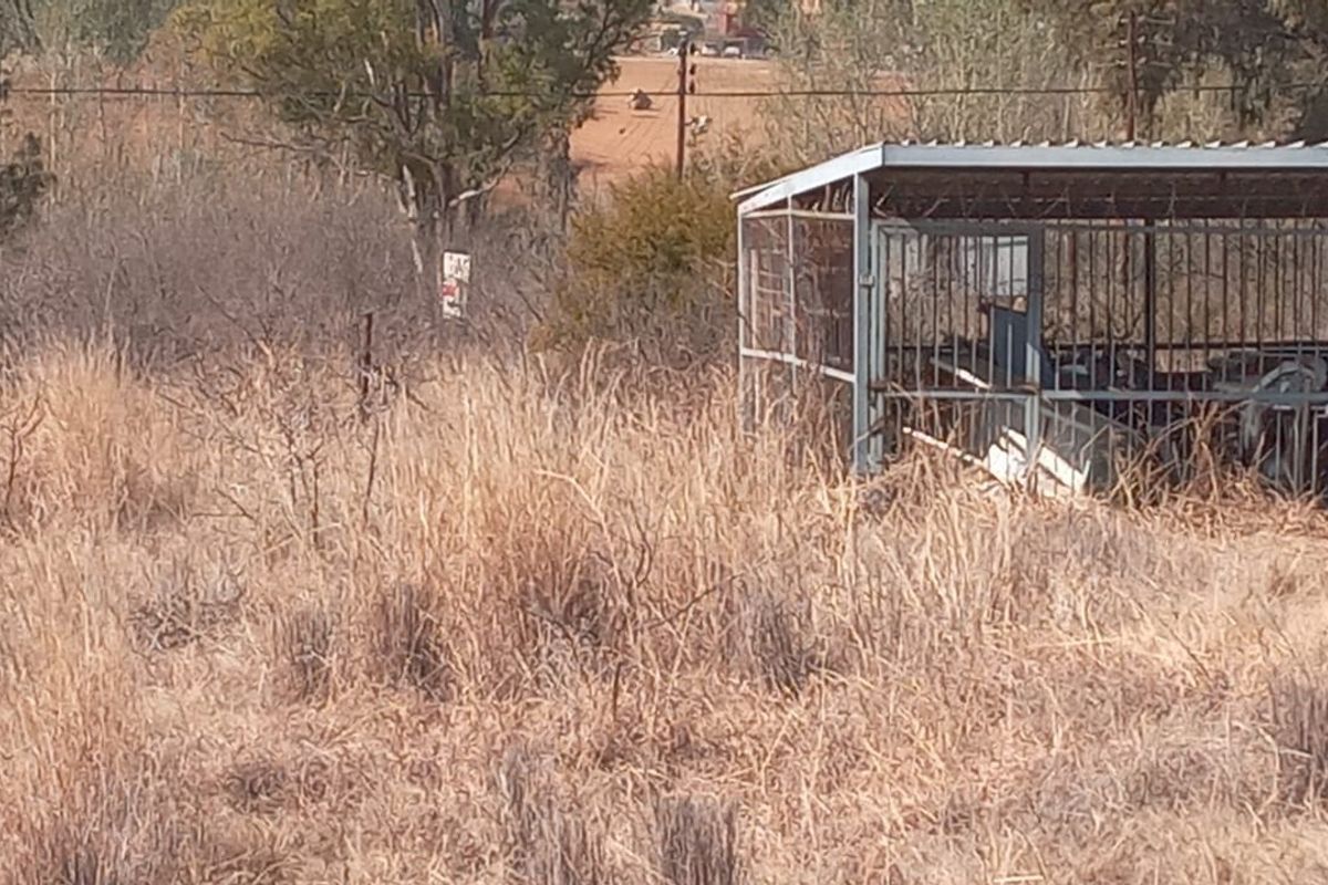 A view of a vacant residential plot featuring overgrown dry grass and a weathered metal storage structure.
