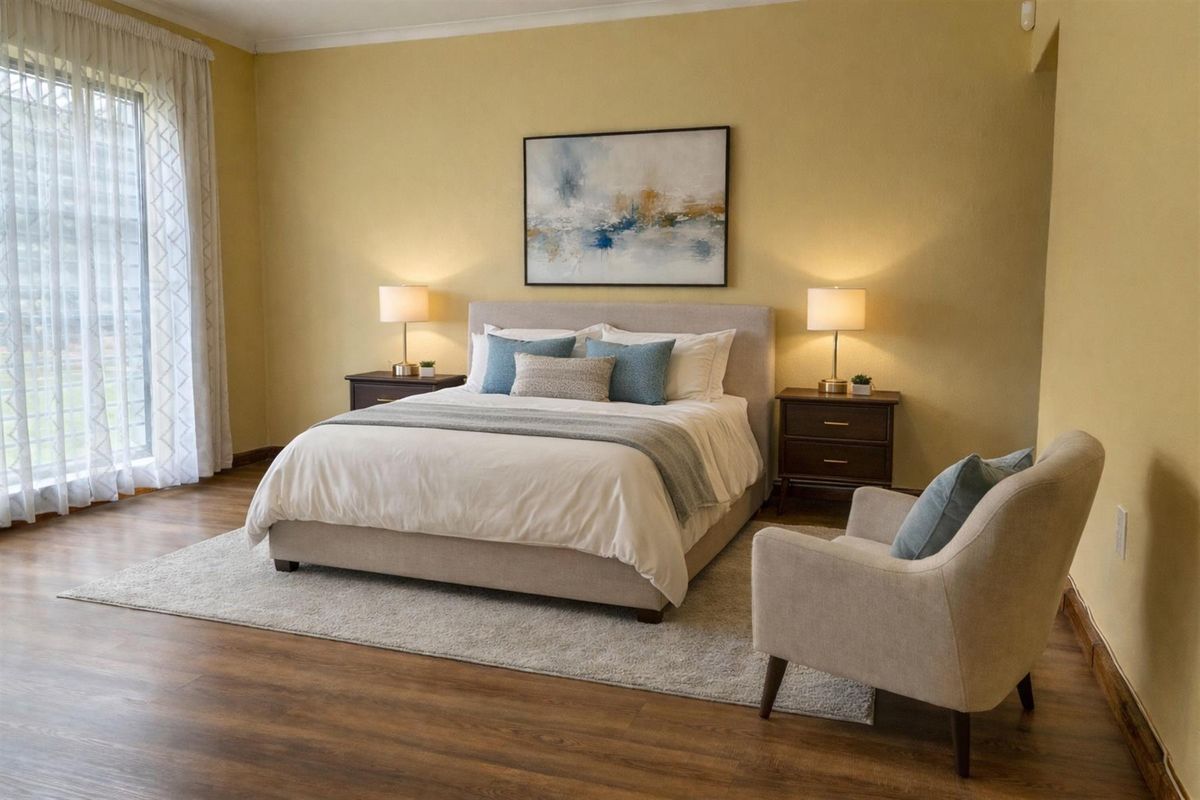 A well-lit bedroom featuring wood-look flooring, neutral wall tones, and a large window with sheer curtains.