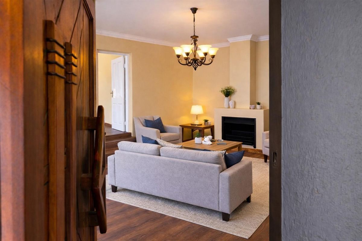 A warm and inviting living room featuring a built-in fireplace, crown molding, and elegant chandelier lighting, viewed from the entryway.