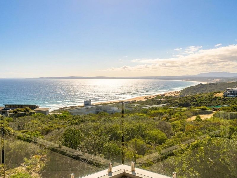 Stunning elevated coastal view overlooking the ocean, beach, and surrounding natural landscape, framed by a modern glass balustrade.