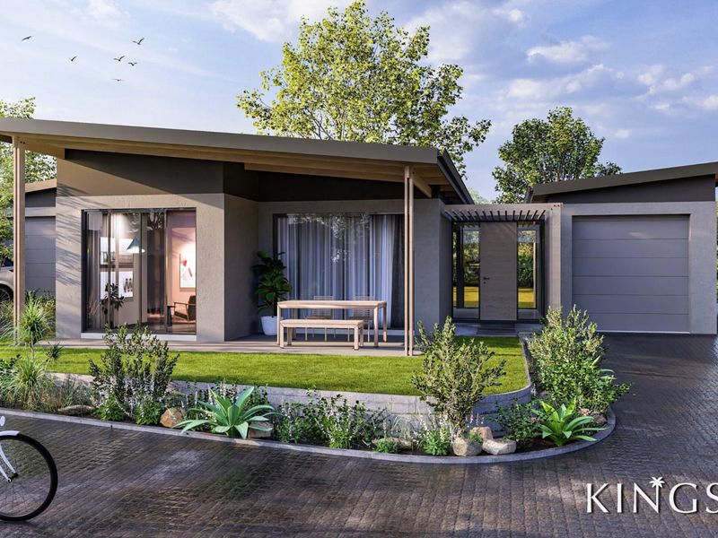Modern single-story house exterior featuring a covered patio, paved driveway, attached garage, and landscaped front garden.
