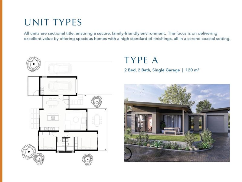 A promotional marketing graphic displaying the floor plan and architectural rendering for a Type A residential unit featuring two bedrooms and a single garage.