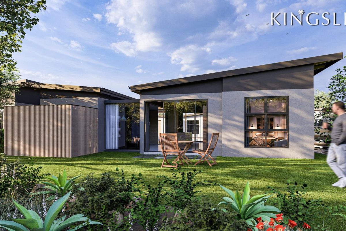 A modern rear exterior view of a contemporary home featuring a skillion roof, timber slat accents, and large sliding glass doors opening to a garden.