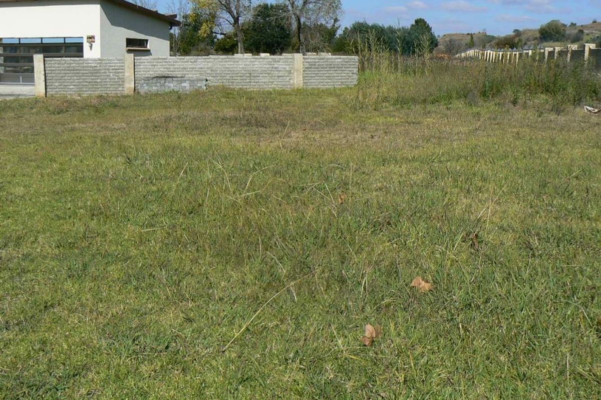A view of a vacant residential plot featuring a grass lawn and a concrete block boundary wall.