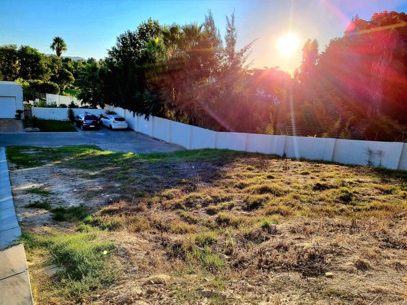 A vacant residential plot featuring a paved driveway, perimeter walling, and established trees, offering a clear space ready for development.
