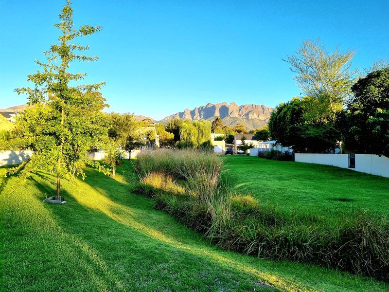 A scenic view of a well-maintained residential lawn and garden area with a prominent mountain range in the background.