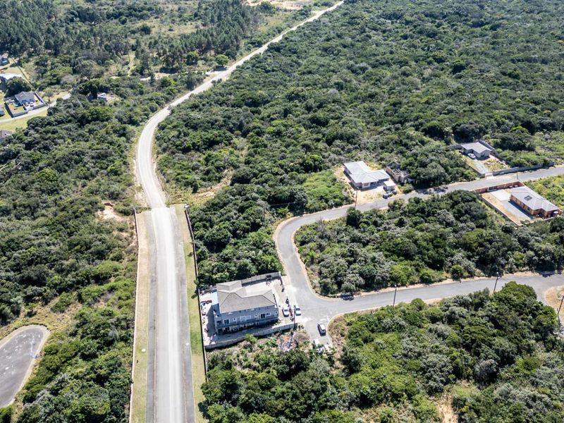 An aerial view of a residential area showing paved roads, surrounding natural vegetation, and established residential properties.
