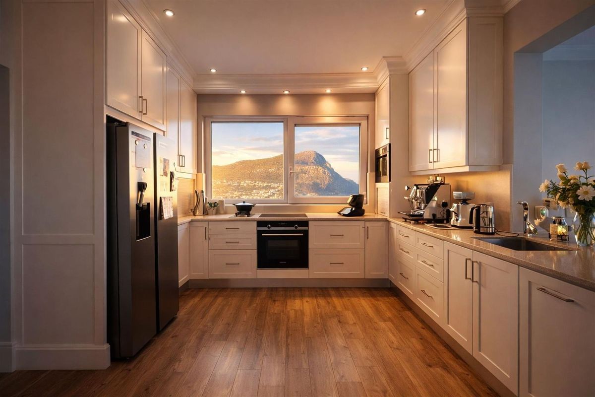 Modern U-shaped kitchen featuring white cabinetry, stone countertops, integrated appliances, and a large window with scenic mountain views.
