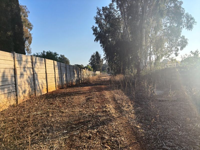 A view of a vacant residential plot featuring a long precast concrete boundary wall and natural, overgrown vegetation along an unpaved path.