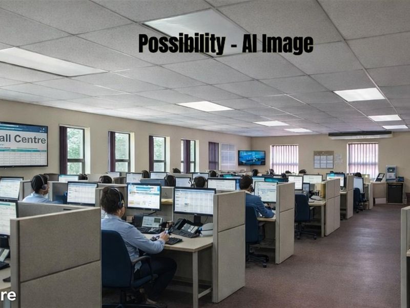 A large open-plan office space configured as a call centre with multiple built-in workstations, acoustic ceiling tiles, and recessed lighting.