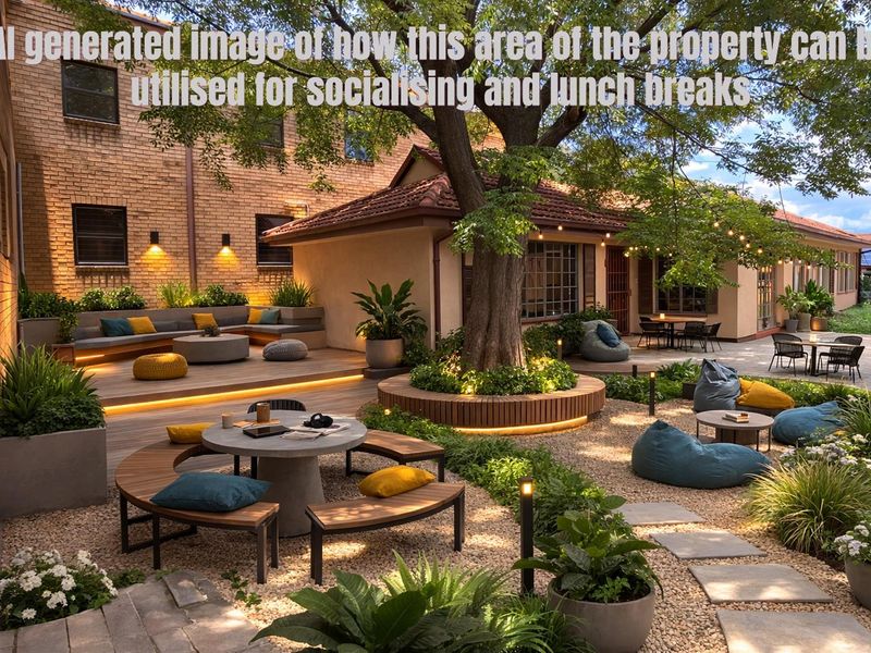 A landscaped outdoor courtyard area featuring a wooden deck, integrated seating, and gravel pathways, designed as a communal space for office staff.