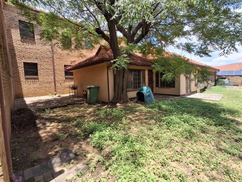Rear view of the office property featuring a paved patio area, mature tree, and established garden space.