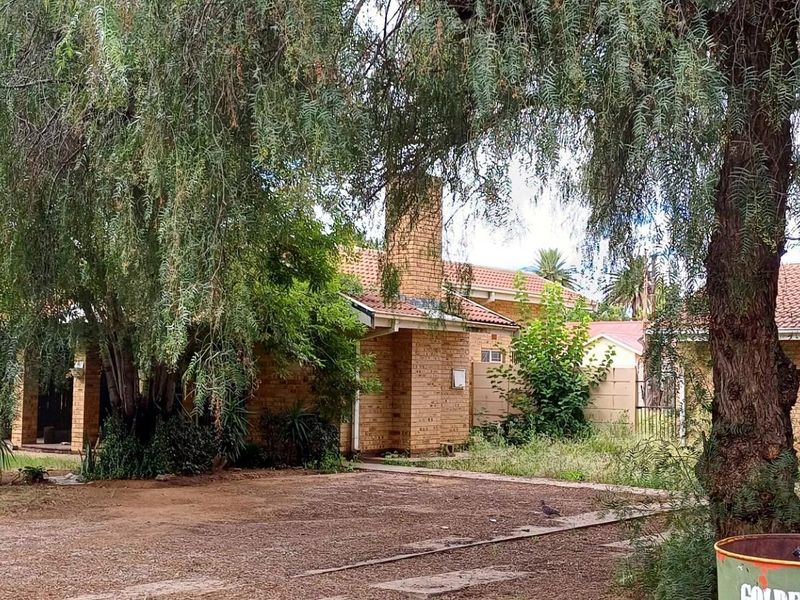 Front view of a single-story brick house featuring a tiled roof, chimney, and an expansive, unmaintained garden area.