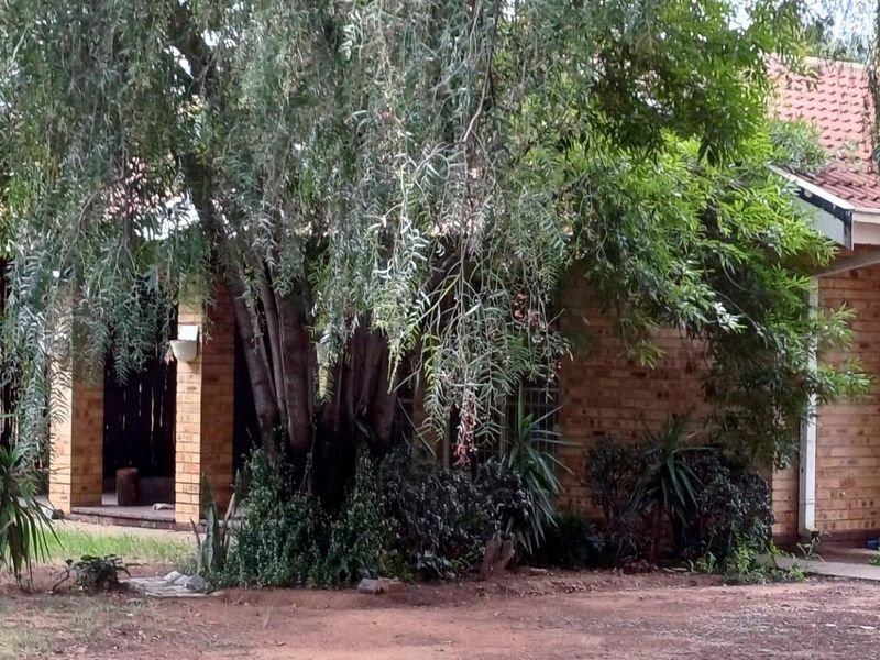 Front view of a single-story brick house featuring a tiled roof, chimney, and a covered porch area, surrounded by established garden landscaping.