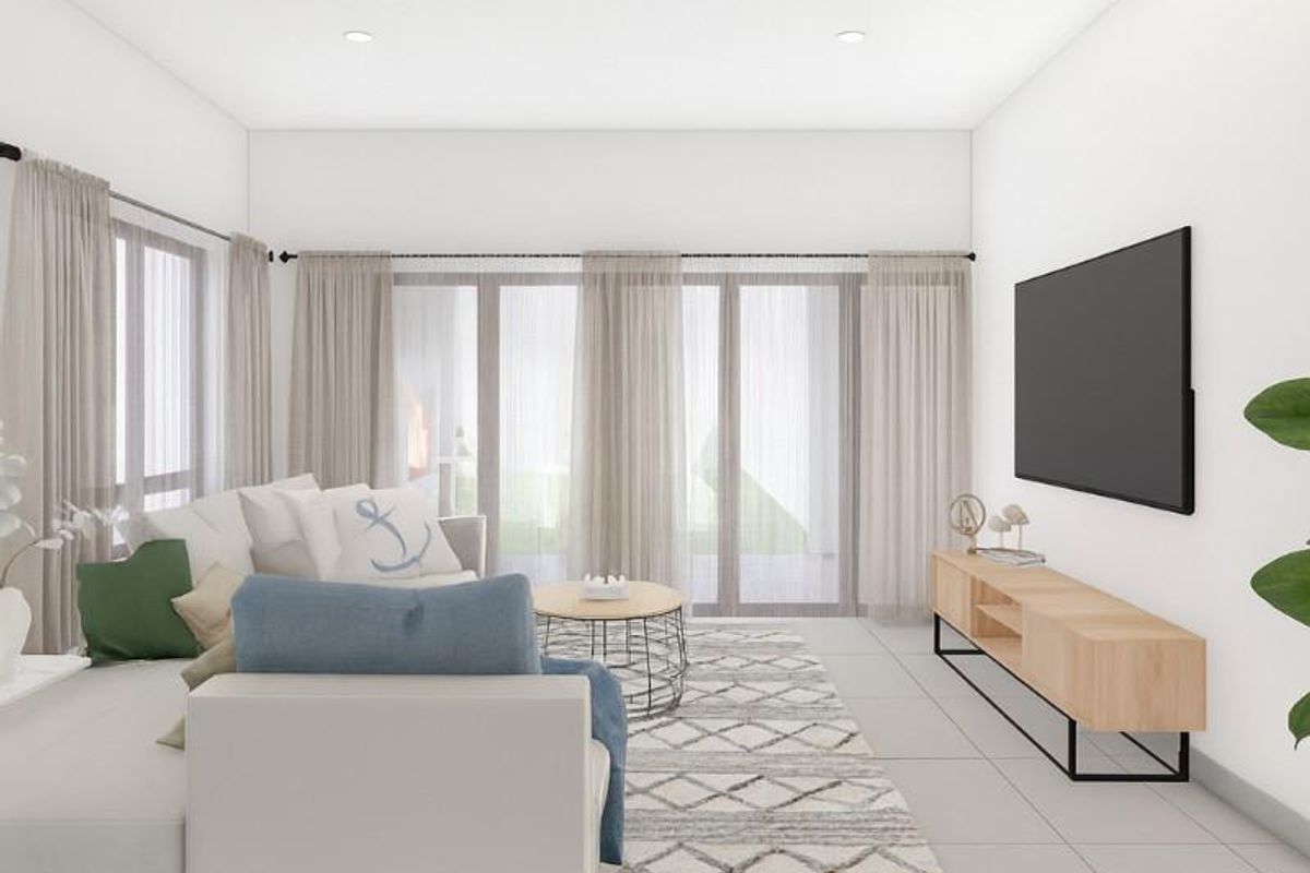 A bright and modern living room featuring large glass sliding doors, neutral floor tiles, and recessed ceiling lighting.