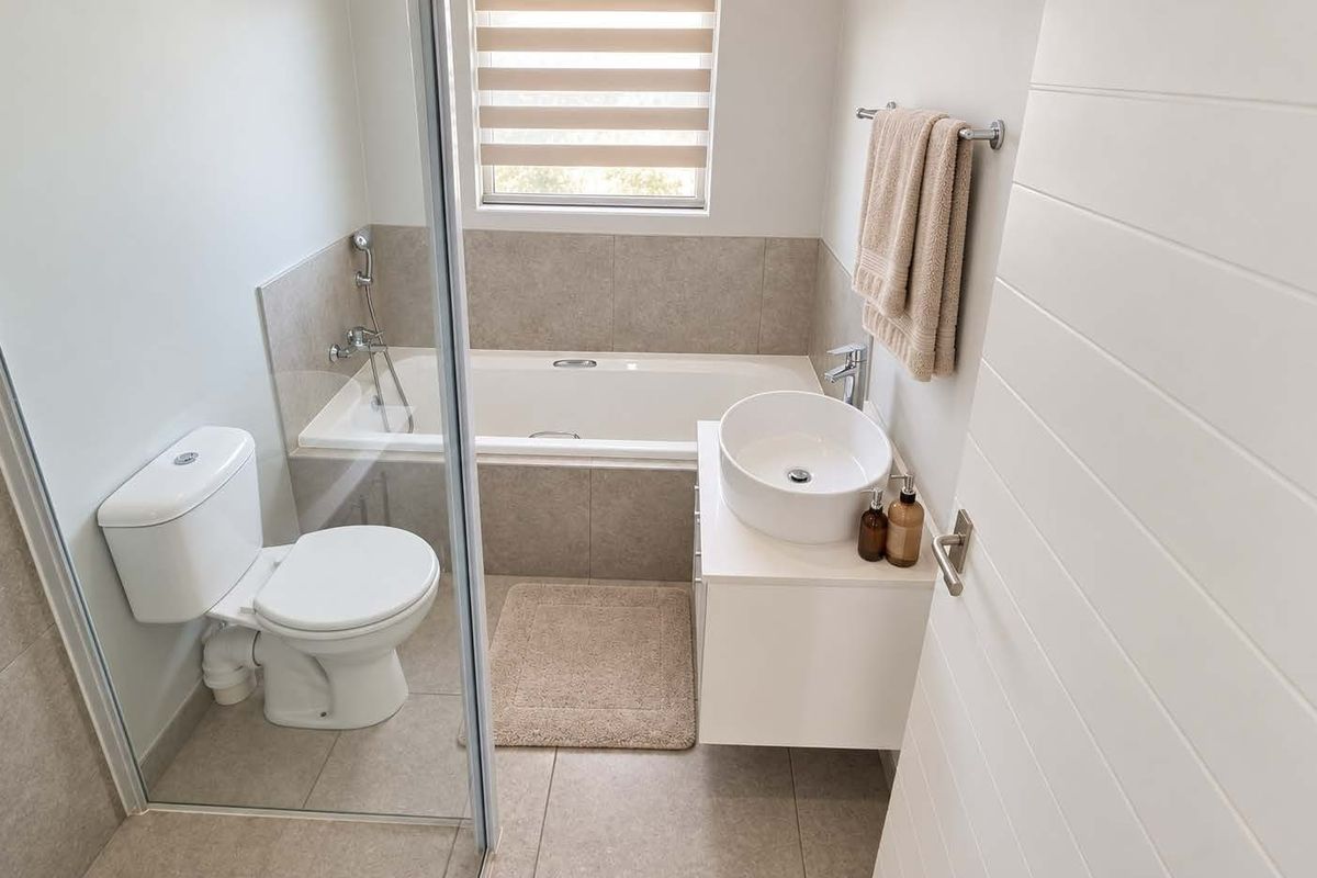 Modern bathroom featuring a built-in bathtub, vessel sink on a wall-mounted vanity, toilet, and neutral tiled finishes.