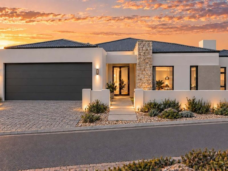 Modern single-story residence featuring a stone-clad facade, double garage, paved driveway, and contemporary exterior lighting at sunset.