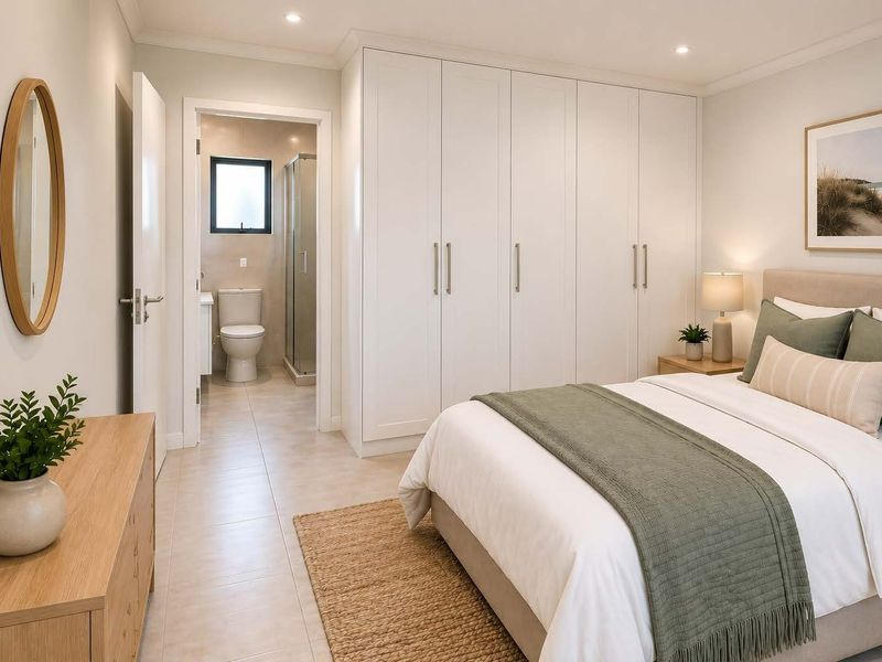 A well-maintained bedroom featuring built-in wardrobes, recessed lighting, tiled flooring, and an adjoining en-suite bathroom.