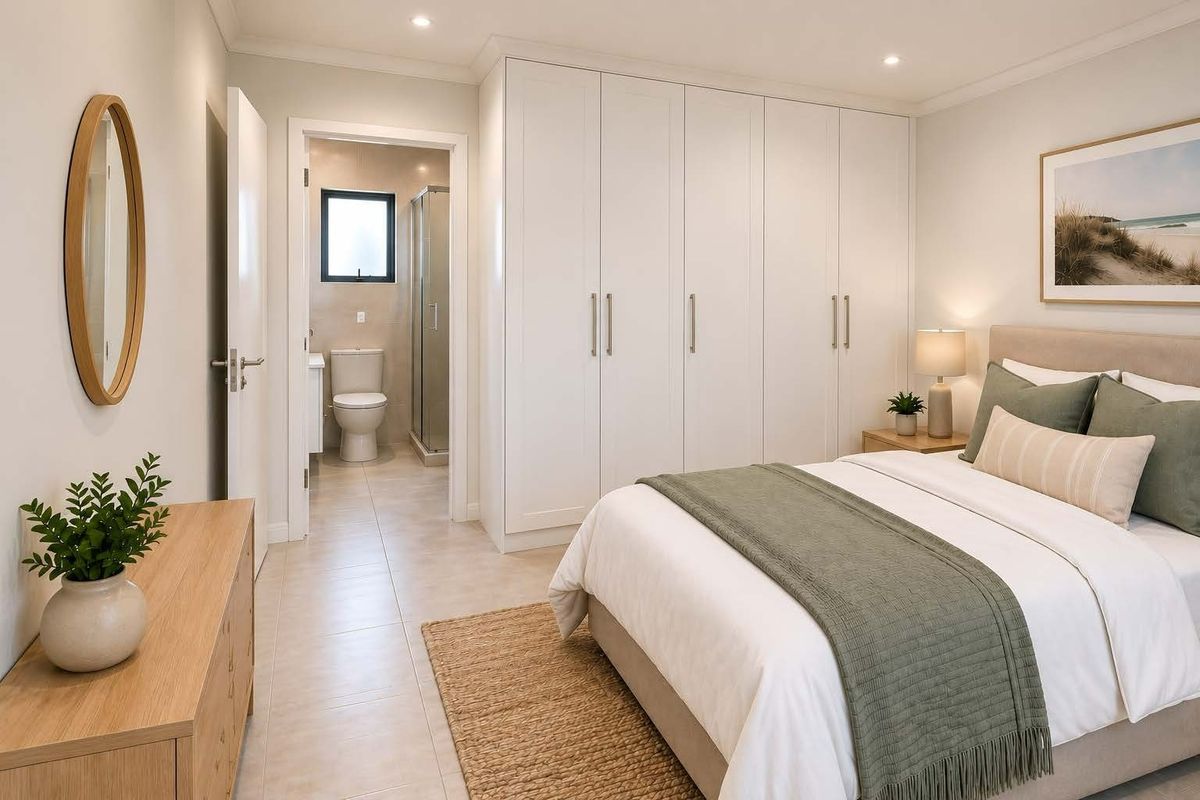 A well-maintained bedroom featuring built-in wardrobes, recessed lighting, tiled flooring, and an adjoining en-suite bathroom.