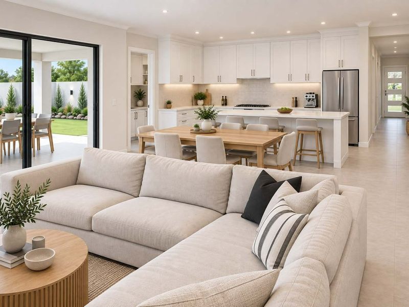 Spacious open-plan living and dining area featuring a modern kitchen with white cabinetry, stone island, and seamless flow to the outdoor patio.