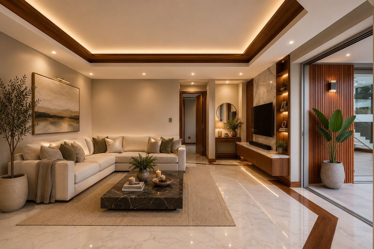 Modern living room featuring a coffered ceiling with recessed LED lighting, marble flooring, and a custom built-in media unit with integrated shelving.
