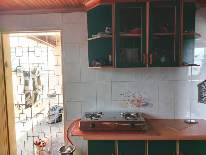 A functional kitchen area featuring dark green cabinetry, a tiled backsplash, and a gas hob, with direct access to an outdoor area via a security gate.