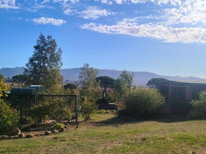 A scenic view of the farm grounds featuring established trees, garden landscaping, and distant mountain vistas under a clear blue sky.