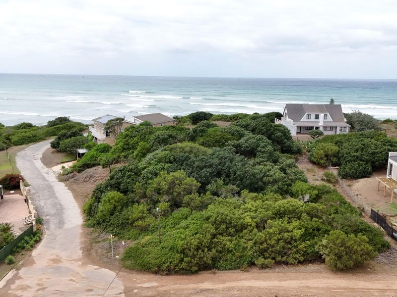 Aerial view of a coastal residential plot featuring established vegetation, surrounding homes, and direct proximity to the ocean.
