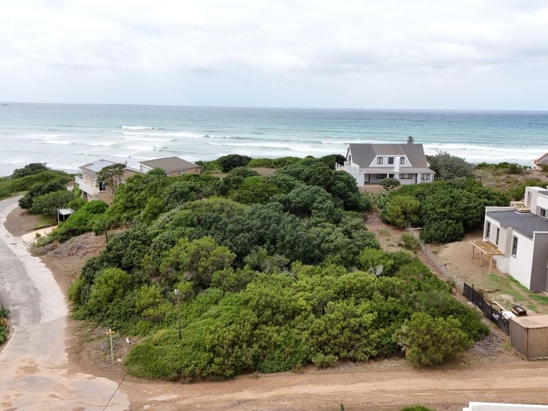 An aerial view of a vacant residential plot featuring dense coastal vegetation, situated in a developed neighborhood with direct proximity to the ocean.