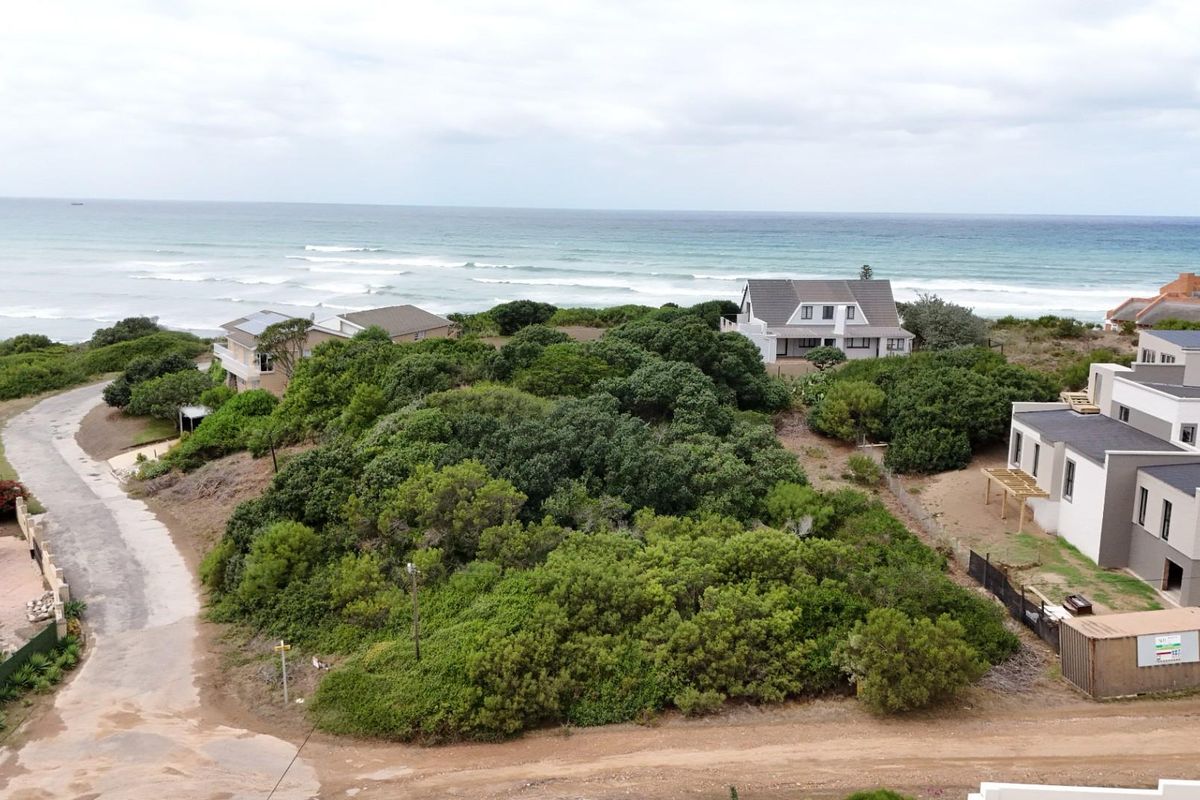 An aerial view of a vacant residential plot featuring dense coastal vegetation, situated in a developed neighborhood with direct proximity to the ocean.