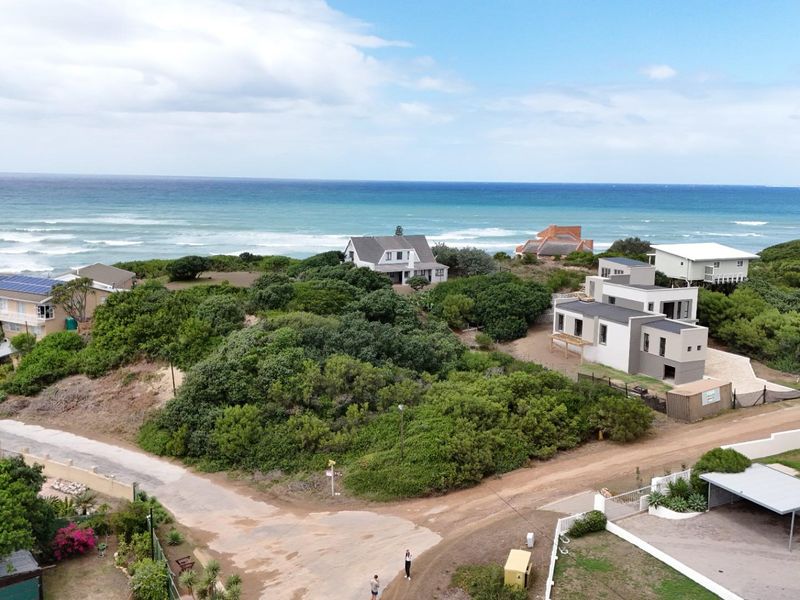 An aerial view of a coastal residential area featuring established vegetation, nearby homes, and direct ocean views.
