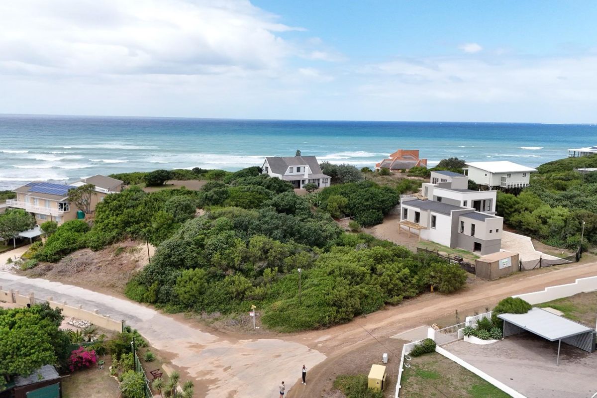 An aerial view of a coastal residential area featuring established vegetation, nearby homes, and direct ocean views.