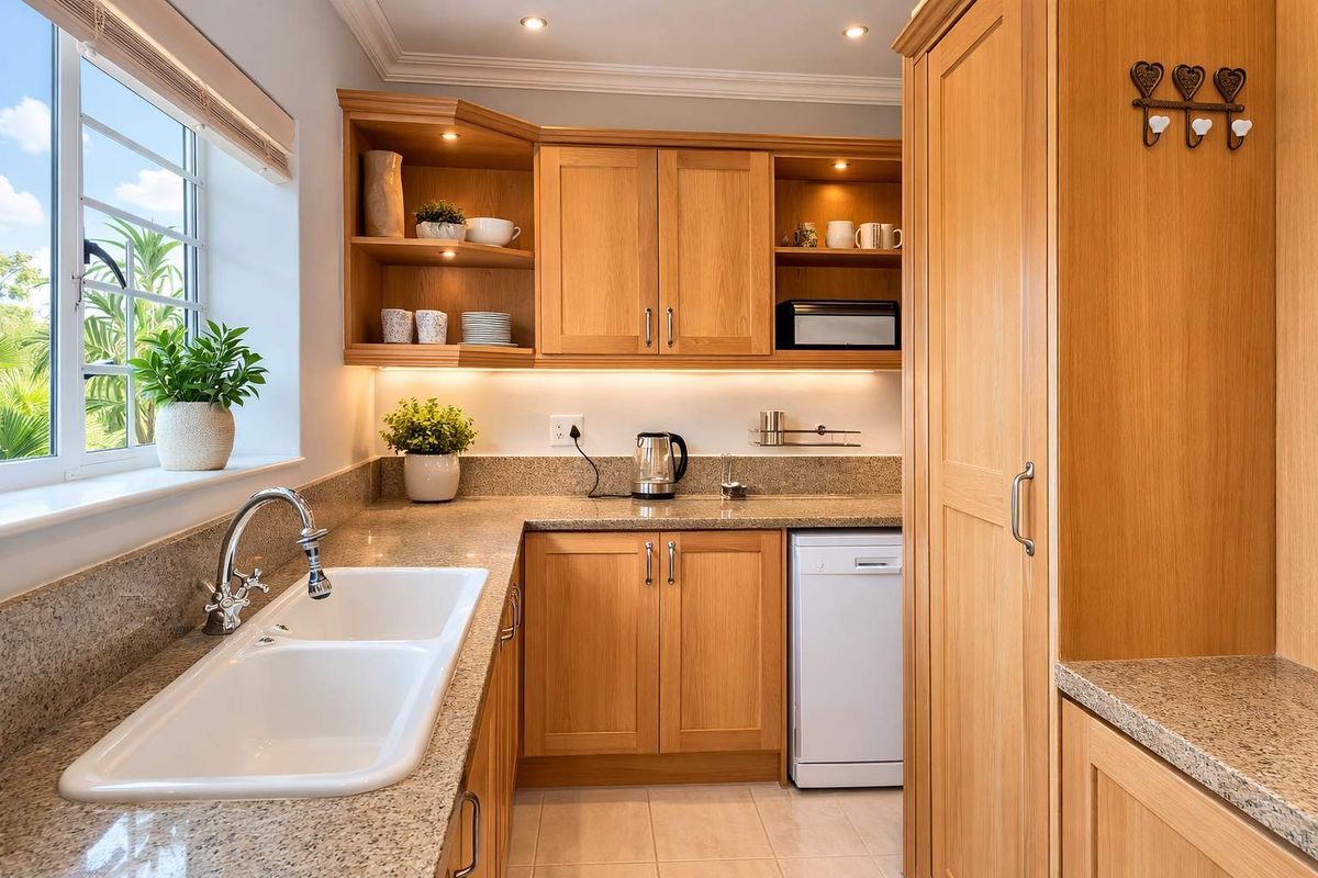 A well-maintained kitchen featuring light oak cabinetry, granite countertops, a double basin sink, and integrated under-cabinet lighting.