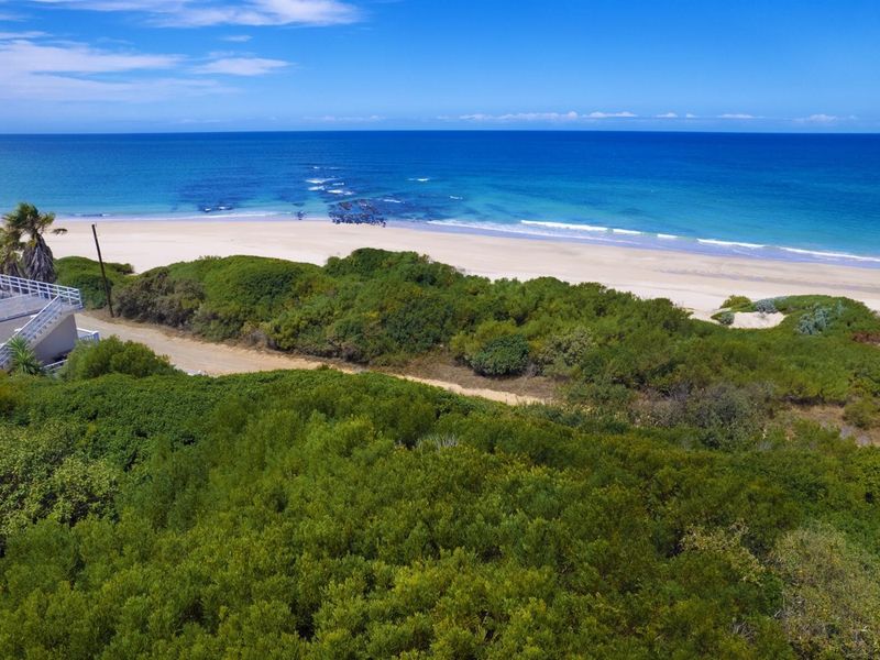 An aerial view of the vacant residential land featuring natural coastal vegetation and direct proximity to the sandy beach and ocean.