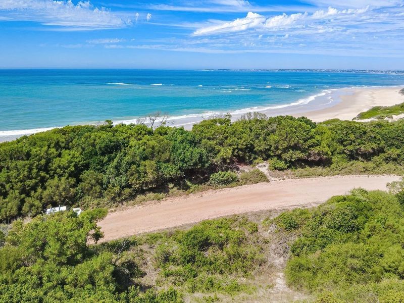 An aerial view of a vacant residential plot featuring native coastal vegetation and direct proximity to the beach and ocean.