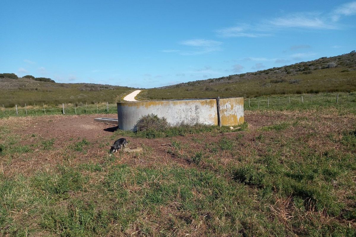 A circular concrete water reservoir or trough situated in an open field on the farm property.