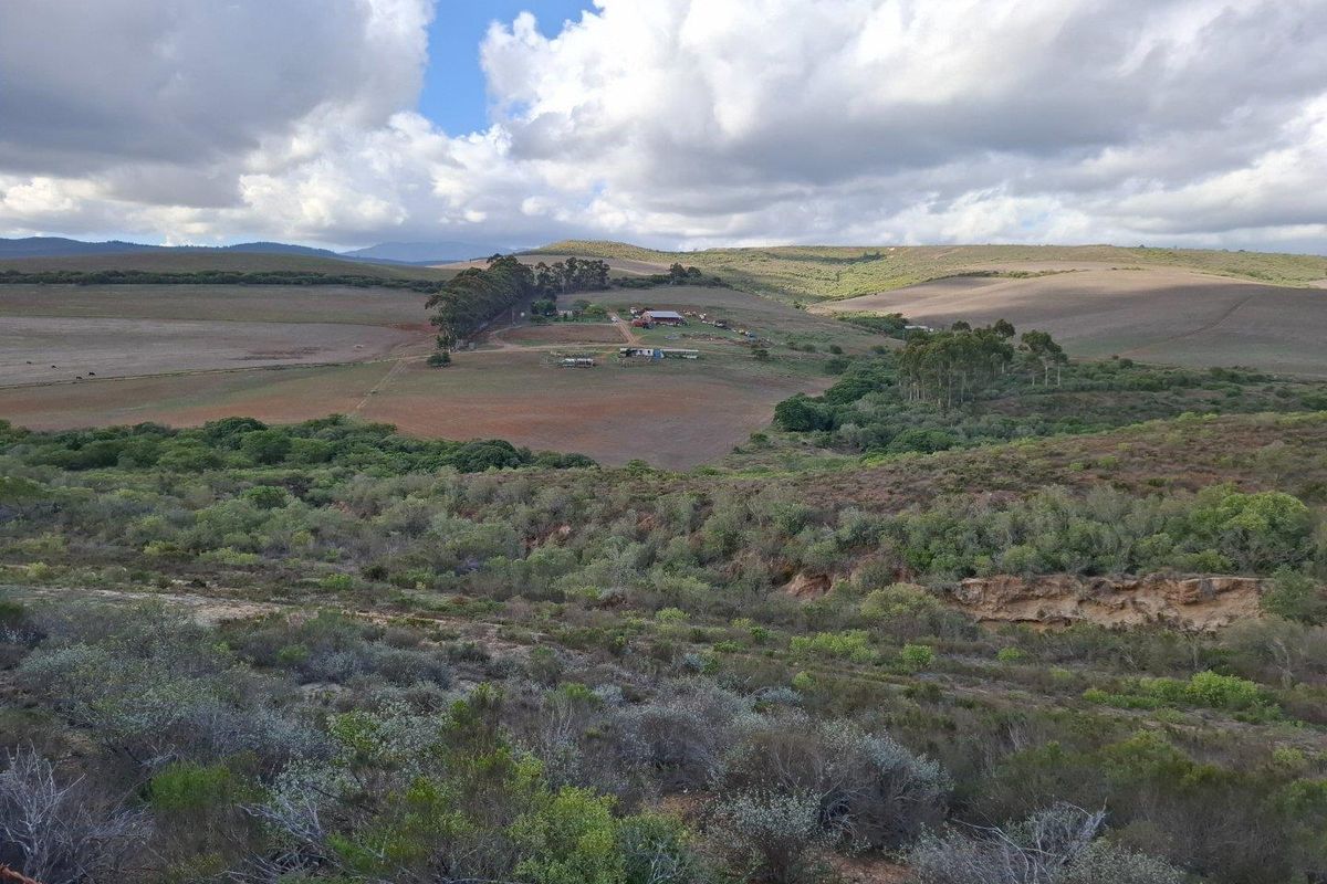 Expansive aerial view of the farm landscape, showcasing rolling hills, natural vegetation, and the distant farmstead buildings under a cloudy sky.