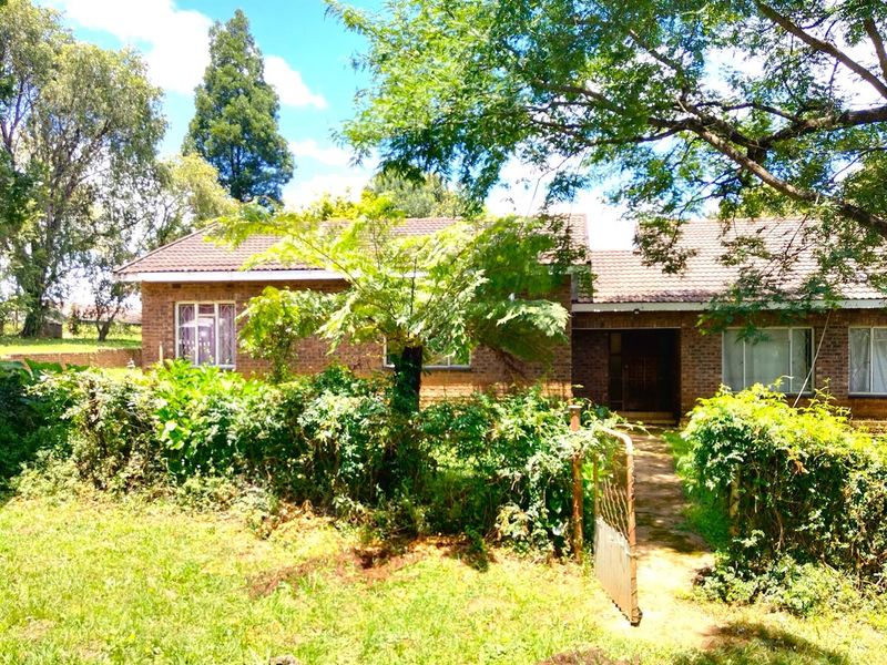 Front view of a single-story brick house featuring a tiled roof, established garden, and a pedestrian gate entrance.