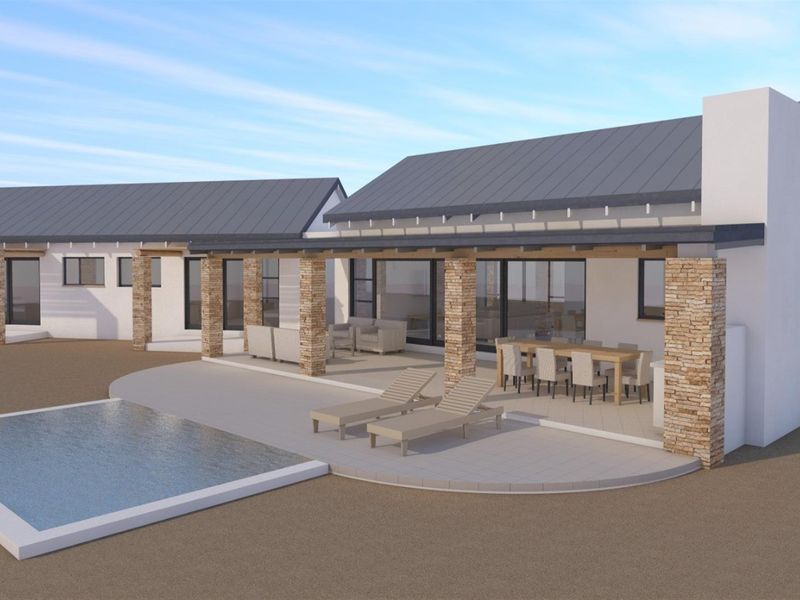 A 3D architectural rendering of a modern home exterior featuring a covered patio, stone-clad pillars, and a swimming pool.