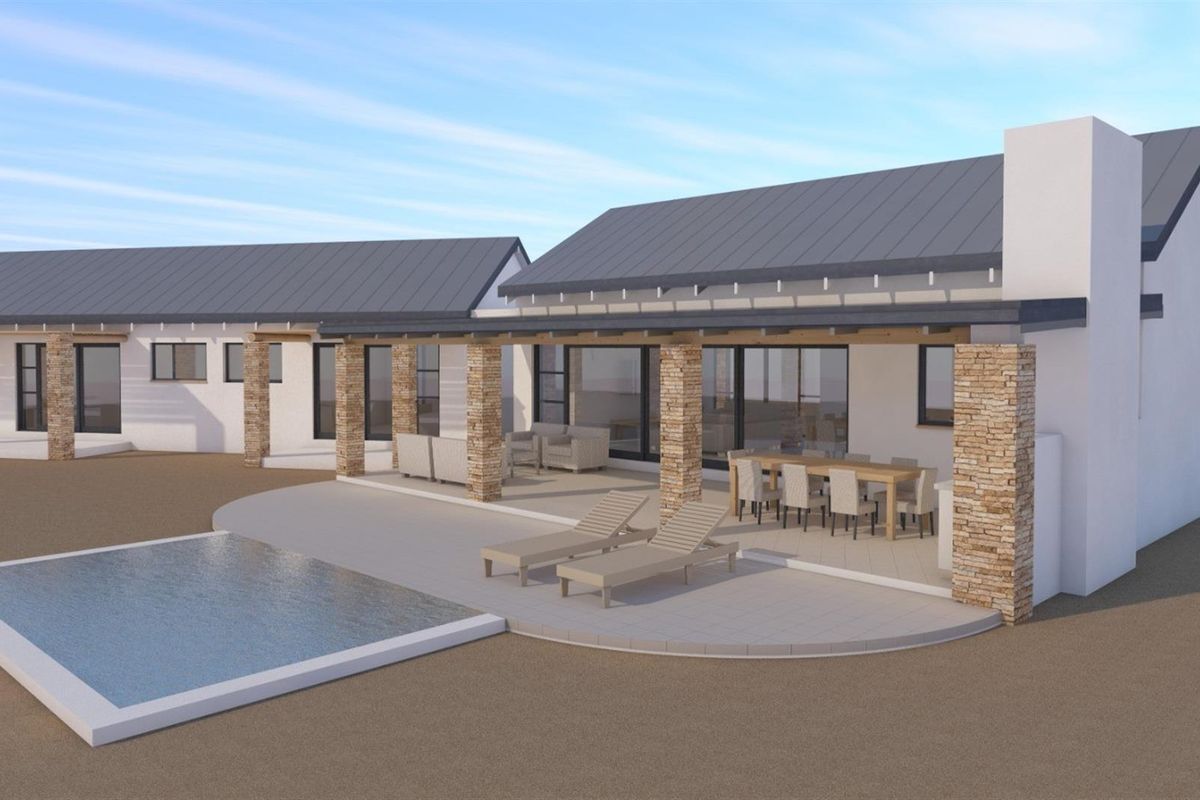 A 3D architectural rendering of a modern home exterior featuring a covered patio, stone-clad pillars, and a swimming pool.