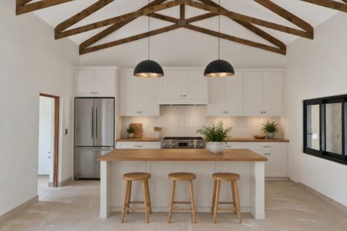 Modern kitchen featuring a large island, white cabinetry, and striking exposed timber ceiling beams, creating a bright and functional culinary space.