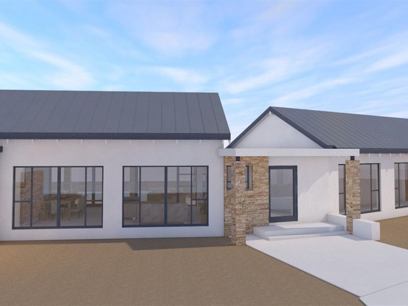 A modern architectural rendering of a single-story home featuring a metal roof, stone accents, and large windows.