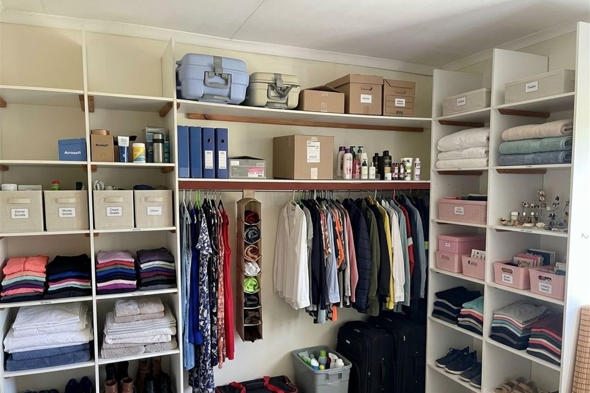 A walk-in closet featuring extensive built-in shelving and hanging rails for organized storage.