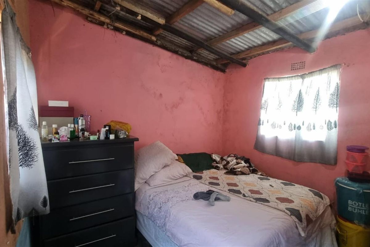 A bedroom featuring exposed timber rafters and a corrugated iron roof with pink painted walls.