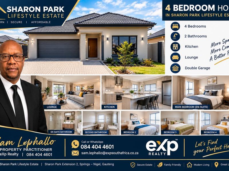 A promotional real estate collage showcasing the exterior facade and various interior rooms of a modern four-bedroom residential property.