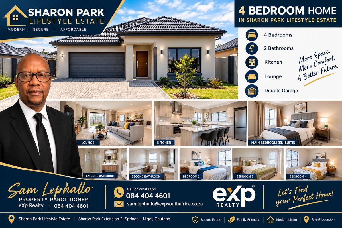 A promotional real estate collage showcasing the exterior facade and various interior rooms of a modern four-bedroom residential property.