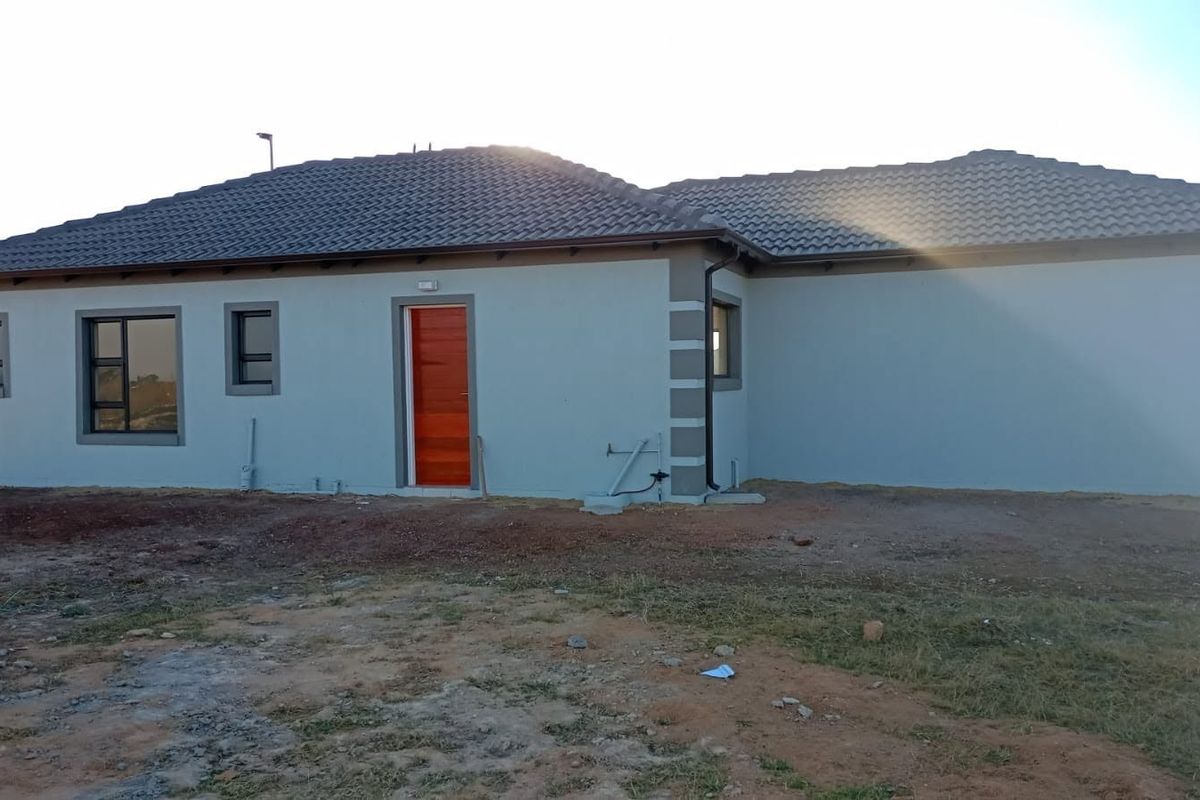 Rear view of a modern single-story house featuring a tiled roof, painted exterior walls, and aluminium window frames, set on an unlandscaped plot.